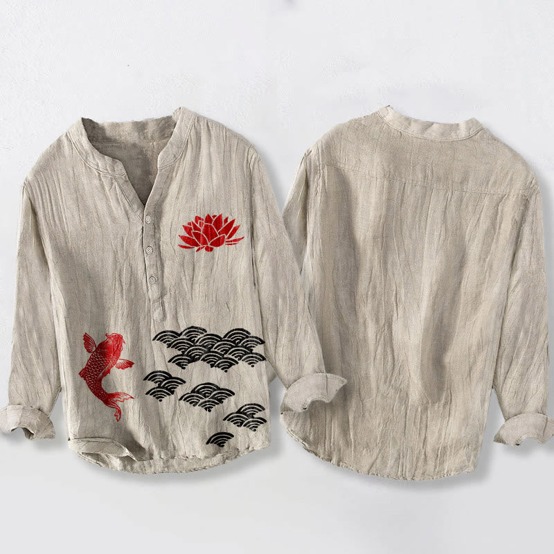 Camicia da uomo in cotone e lino a maniche lunghe con bottoni a metà, motivo Buddha Stones Koi Fish Lotus e nuvole di buon auspicio - image 8