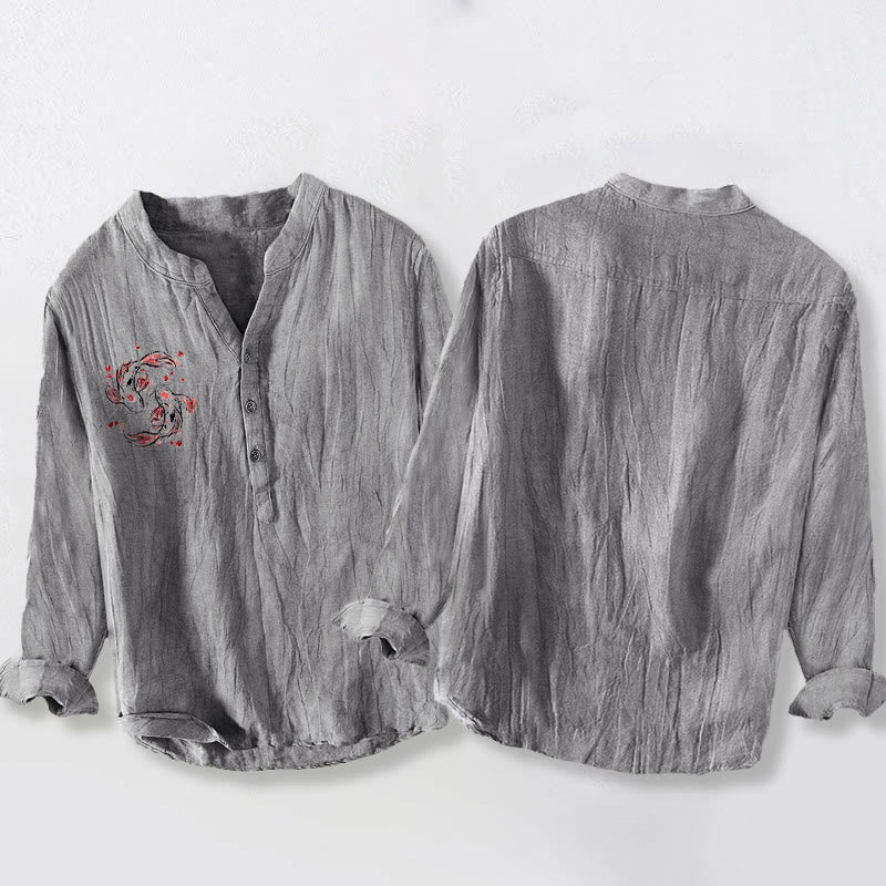 Camicia da uomo in cotone e lino a maniche lunghe con motivo Buddha Stones Koi Fish Yin Yang e bottoni a metà - image 5