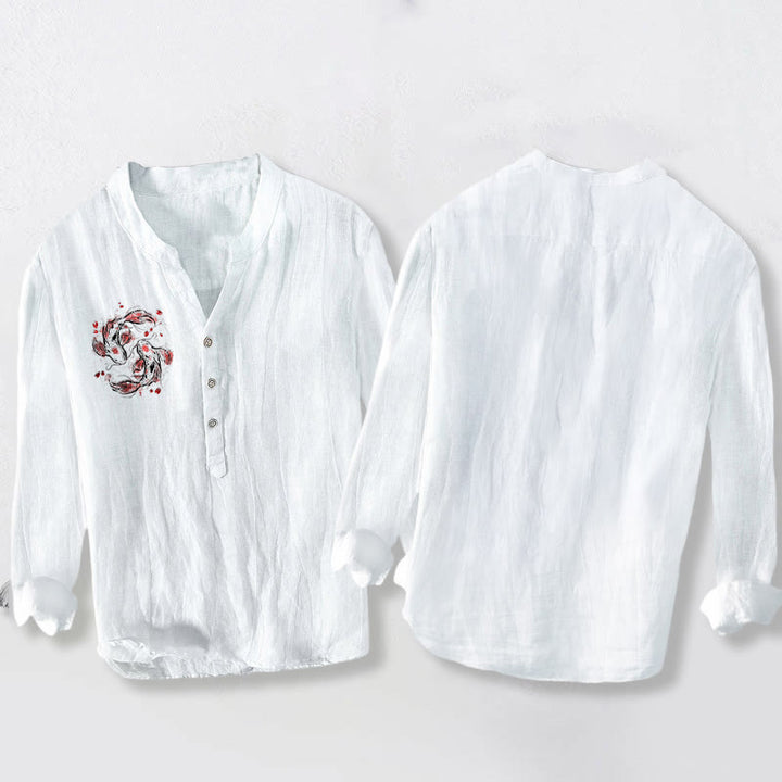 Camicia da uomo in cotone e lino a maniche lunghe con motivo Buddha Stones Koi Fish Yin Yang e bottoni a metà - image 8