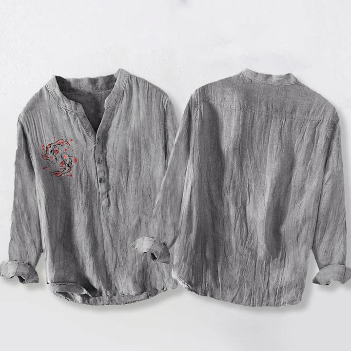 Camicia da uomo in cotone e lino a maniche lunghe con motivo Buddha Stones Koi Fish Yin Yang e bottoni a metà - image 5