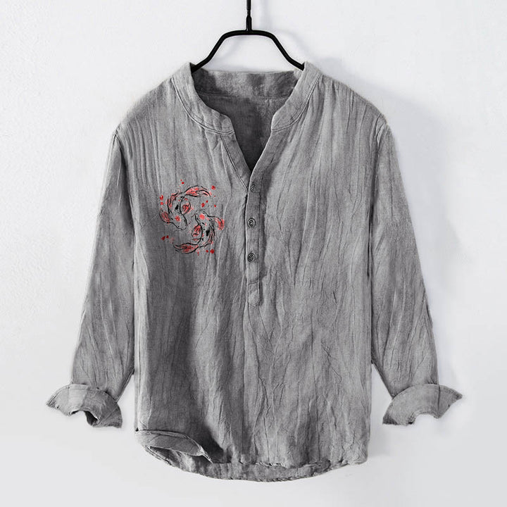 Camicia da uomo in cotone e lino a maniche lunghe con motivo Buddha Stones Koi Fish Yin Yang e bottoni a metà - Grigio - US/UK/AU50, EU60 (5XL) - image 3