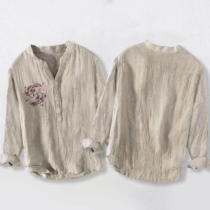 Camicia da uomo in cotone e lino a maniche lunghe con motivo Buddha Stones Koi Fish Yin Yang e bottoni a metà - image 2