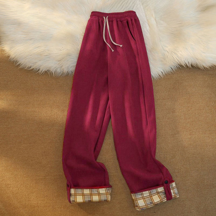 Pantaloni larghi da donna in velluto a coste di cotone patchwork con fodera in pile e tasche Buddha Stones - Rosso scuro - US18, UK/AU22, EU50 (6XL) - image 28