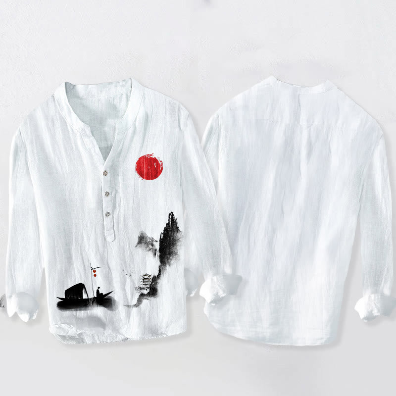 Camicia da uomo in cotone e lino a maniche lunghe con bottoni mezzi, motivo: Buddha Stones Mountains Fisherman Boat Red Sun - image 2