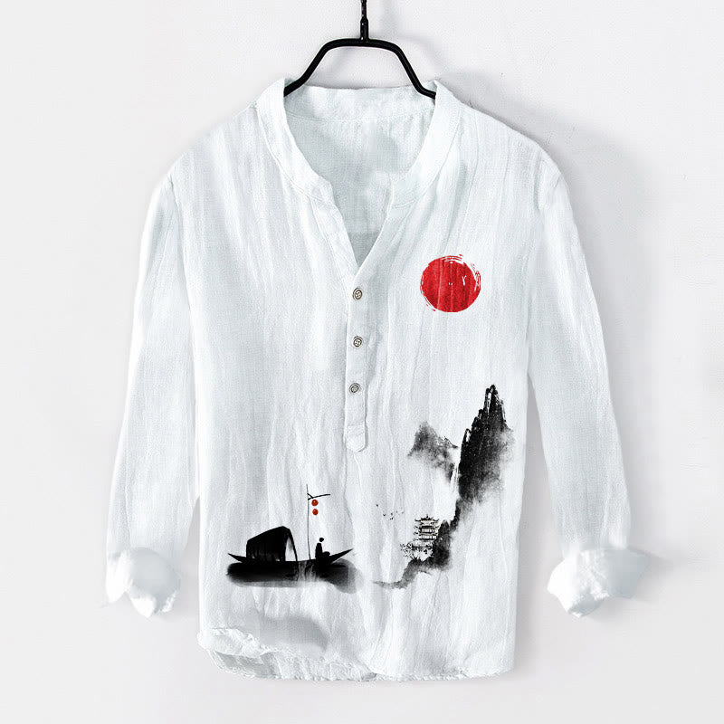 Camicia da uomo in cotone e lino a maniche lunghe con bottoni mezzi, motivo: Buddha Stones Mountains Fisherman Boat Red Sun - Bianco - US/UK/AU50, EU60 (5XL) - image 0