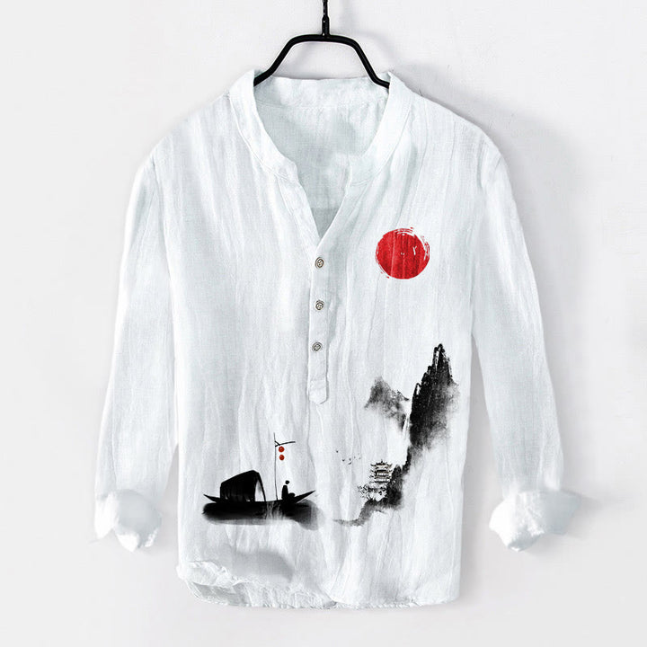 Camicia da uomo in cotone e lino a maniche lunghe con bottoni mezzi, motivo: Buddha Stones Mountains Fisherman Boat Red Sun - Bianco - US/UK/AU50, EU60 (5XL) - image 0