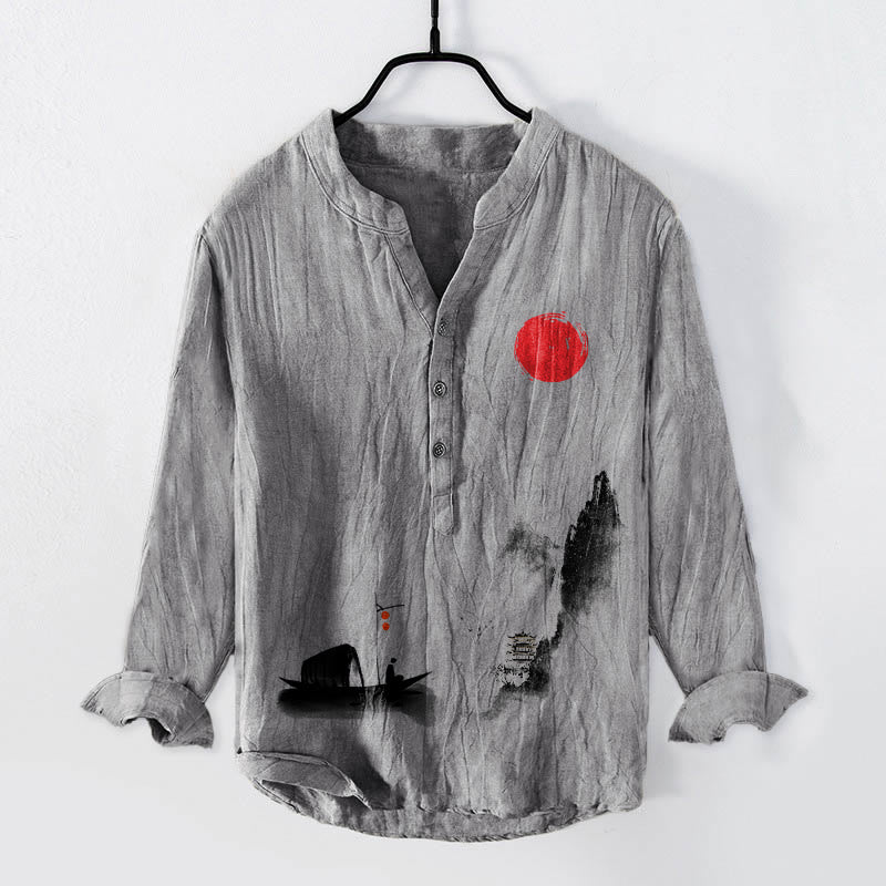 Camicia da uomo in cotone e lino a maniche lunghe con bottoni mezzi, motivo: Buddha Stones Mountains Fisherman Boat Red Sun - Grigio - US/UK/AU50, EU60 (5XL) - image 3