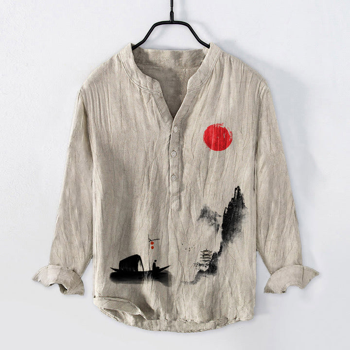 Camicia da uomo in cotone e lino a maniche lunghe con bottoni mezzi, motivo: Buddha Stones Mountains Fisherman Boat Red Sun - Biancheria - US/UK/AU50, EU60 (5XL) - image 6