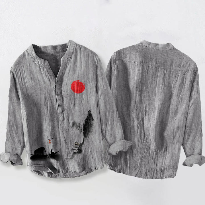 Camicia da uomo in cotone e lino a maniche lunghe con bottoni mezzi, motivo: Buddha Stones Mountains Fisherman Boat Red Sun - image 5