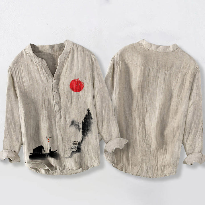 Camicia da uomo in cotone e lino a maniche lunghe con bottoni mezzi, motivo: Buddha Stones Mountains Fisherman Boat Red Sun - image 8