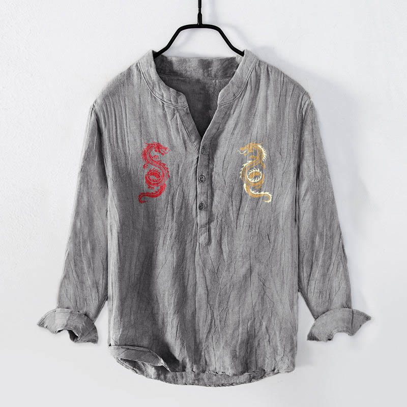 Camicia da uomo in cotone e lino a maniche lunghe con motivo a doppio drago Buddha Stones - Grigio - US/UK/AU50, EU60 (5XL) - image 0
