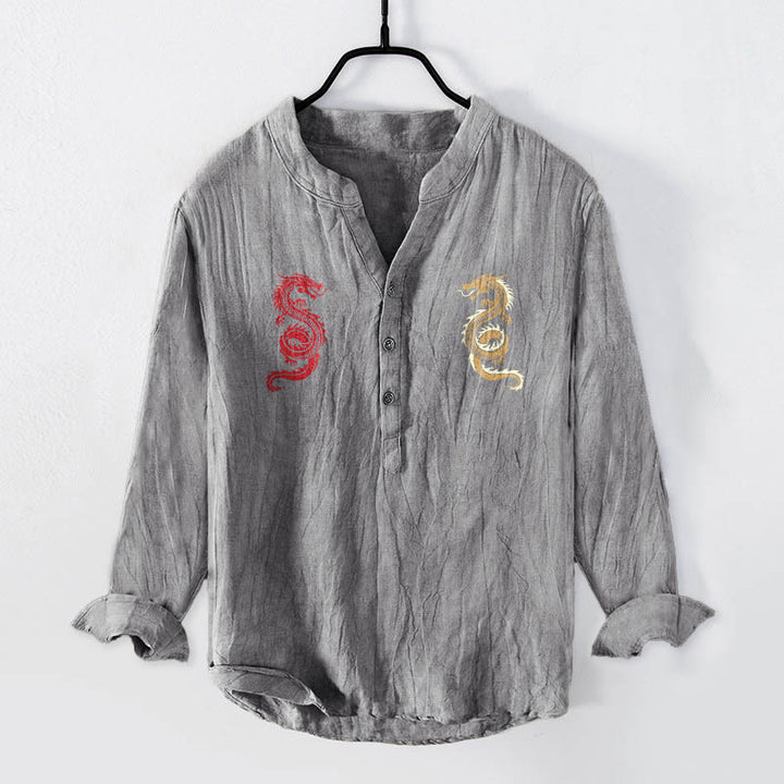 Camicia da uomo in cotone e lino a maniche lunghe con motivo a doppio drago Buddha Stones - Grigio - US/UK/AU50, EU60 (5XL) - image 0