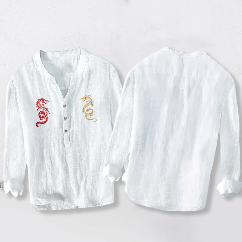 Camicia da uomo in cotone e lino a maniche lunghe con motivo a doppio drago Buddha Stones - image 5