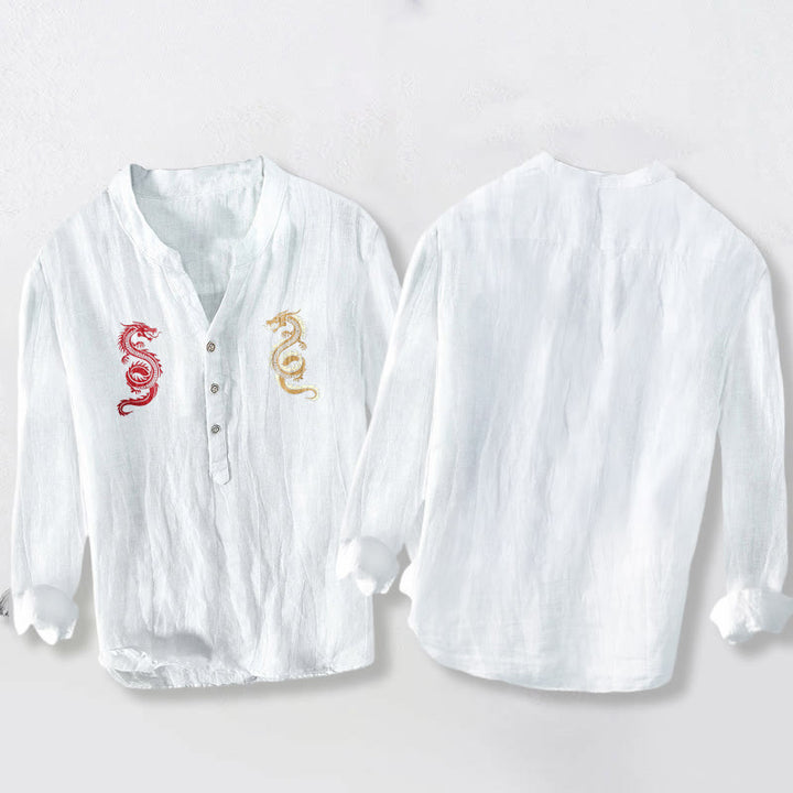 Camicia da uomo in cotone e lino a maniche lunghe con motivo a doppio drago Buddha Stones - image 5