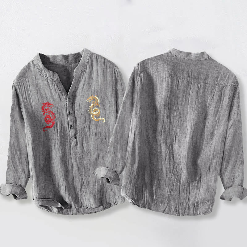 Camicia da uomo in cotone e lino a maniche lunghe con motivo a doppio drago Buddha Stones - image 2