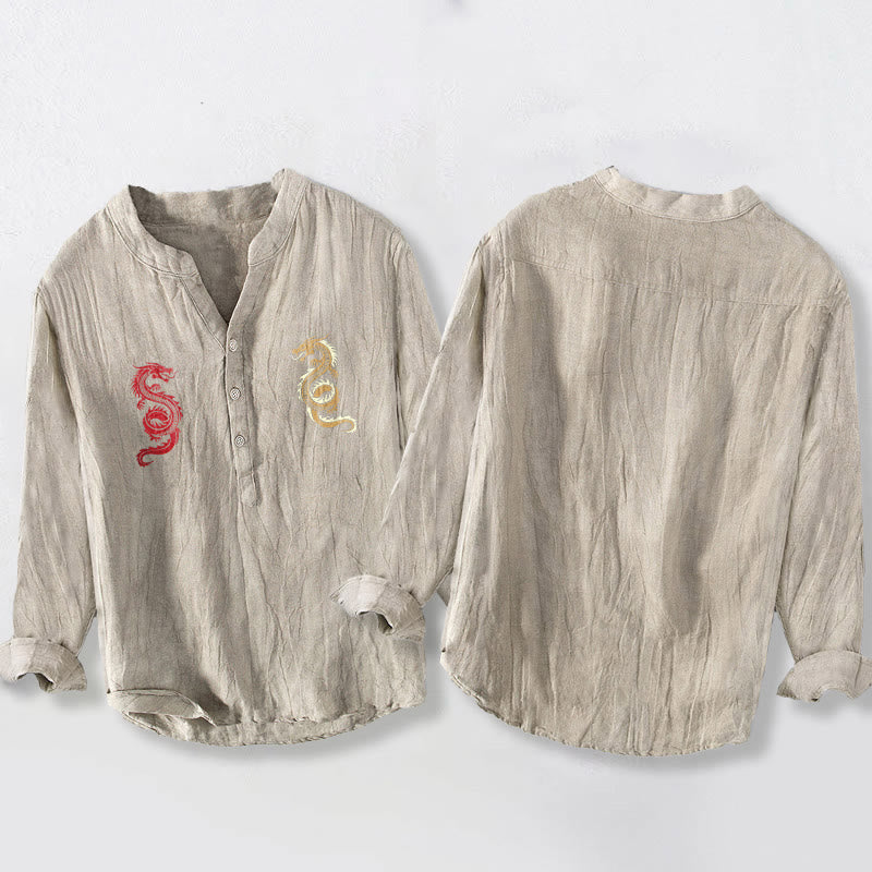 Camicia da uomo in cotone e lino a maniche lunghe con motivo a doppio drago Buddha Stones - image 8