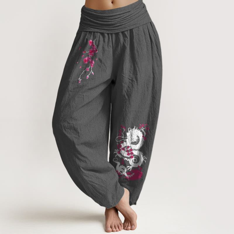 Buddha Stones Pantaloni harem in cotone con elastico in vita e motivo a fiori di ciliegio drago da donna - Grigio tenue - US16, UK/AU20, EU48 (3XL) - image 0