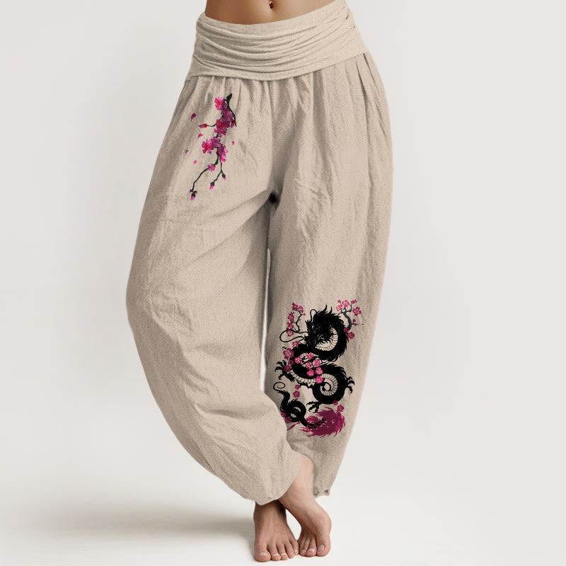 Buddha Stones Pantaloni harem in cotone con elastico in vita e motivo a fiori di ciliegio drago da donna - Abbronzatura - US16, UK/AU20, EU48 (3XL) - image 5