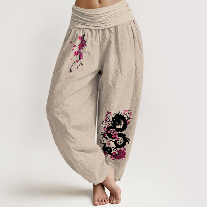 Buddha Stones Pantaloni harem in cotone con elastico in vita e motivo a fiori di ciliegio drago da donna - Abbronzatura - US16, UK/AU20, EU48 (3XL) - image 5