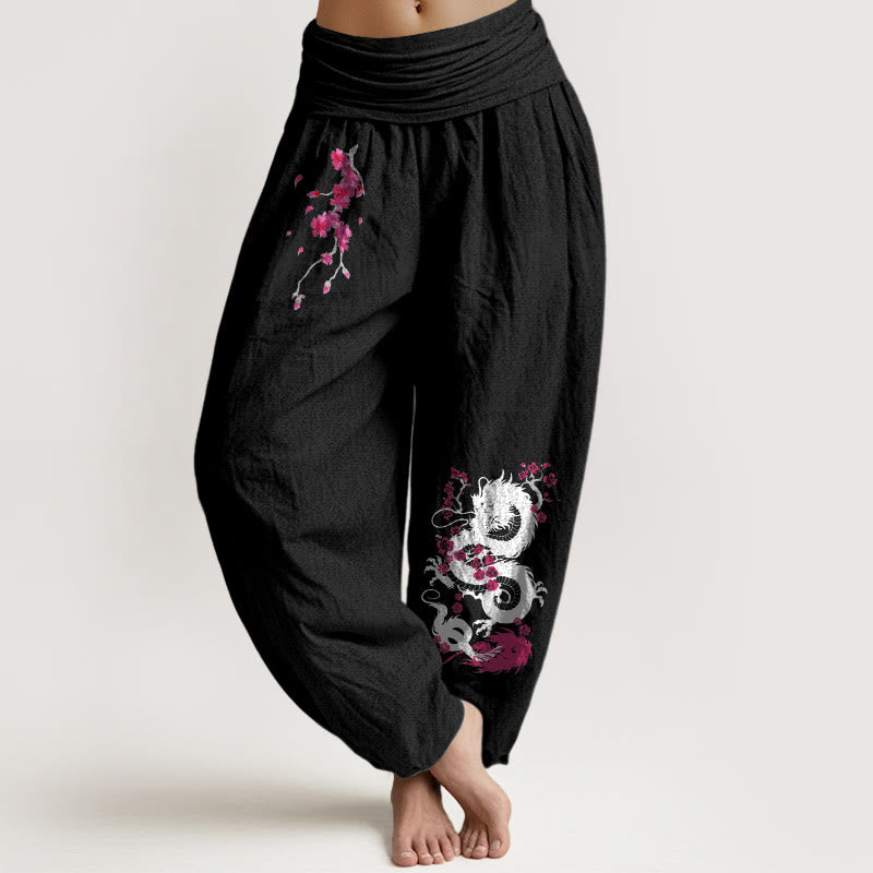 Buddha Stones Pantaloni harem in cotone con elastico in vita e motivo a fiori di ciliegio drago da donna - Nero - US16, UK/AU20, EU48 (3XL) - image 11