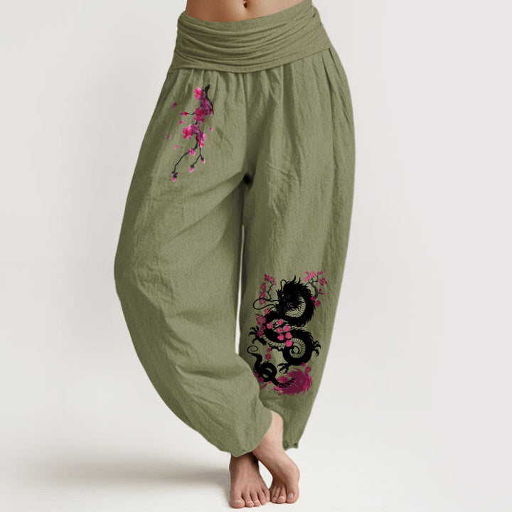 Buddha Stones Pantaloni harem in cotone con elastico in vita e motivo a fiori di ciliegio drago da donna - Verde oliva - US16, UK/AU20, EU48 (3XL) - image 8