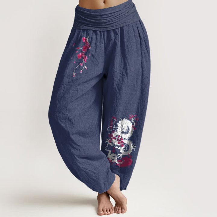 Buddha Stones Pantaloni harem in cotone con elastico in vita e motivo a fiori di ciliegio drago da donna - Blu ardesia scuro - US16, UK/AU20, EU48 (3XL) - image 14