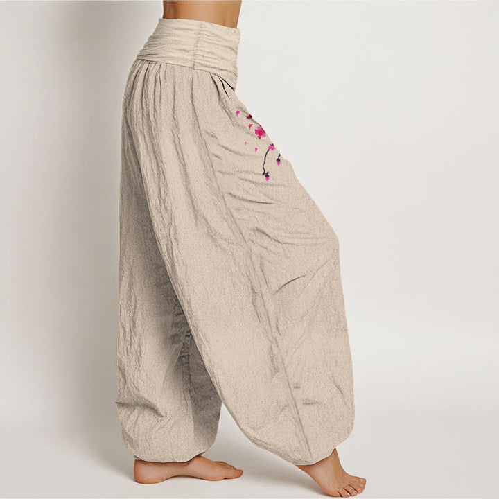Buddha Stones Pantaloni harem in cotone con elastico in vita e motivo a fiori di ciliegio drago da donna - image 7