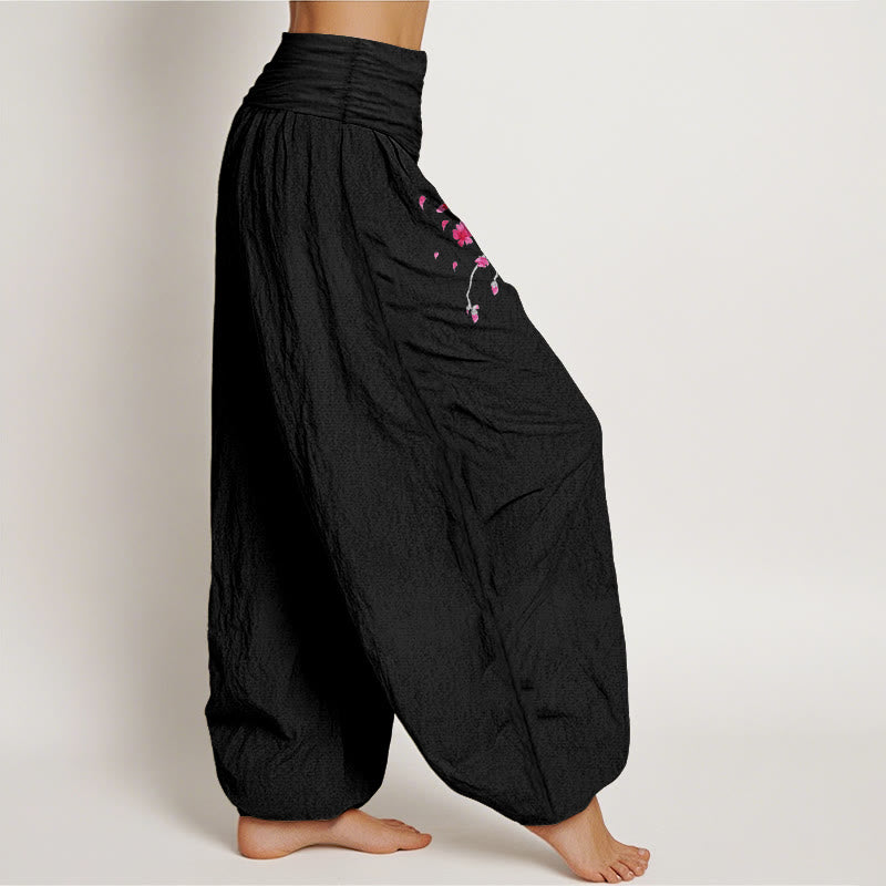 Buddha Stones Pantaloni harem in cotone con elastico in vita e motivo a fiori di ciliegio drago da donna - image 13