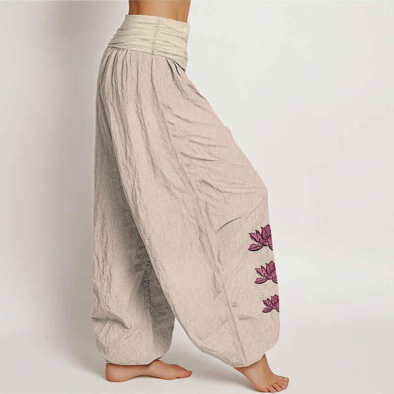 Buddha Stones Pantaloni harem da donna in puro cotone con elastico in vita e motivo a loto casual - image 7