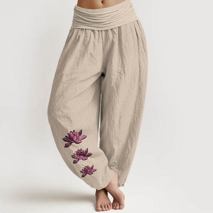 Buddha Stones Pantaloni harem da donna in puro cotone con elastico in vita e motivo a loto casual - Tan - US16, UK/AU20, EU48 (3XL) - image 5