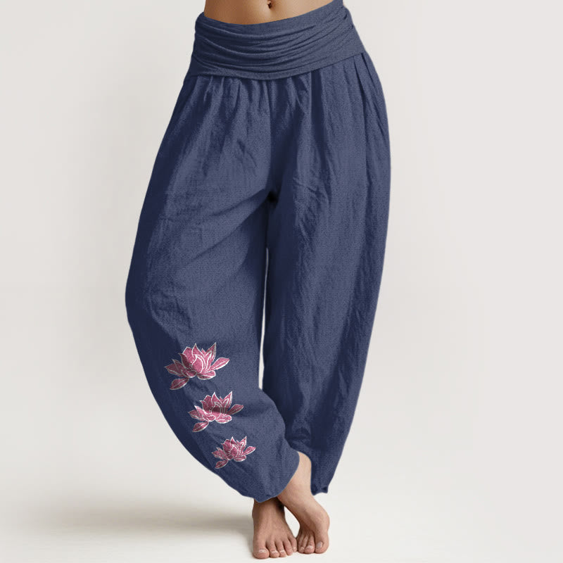 Buddha Stones Pantaloni harem da donna in puro cotone con elastico in vita e motivo a loto casual - Blu ardesia scuro - US16, UK/AU20, EU48 (3XL) - image 14