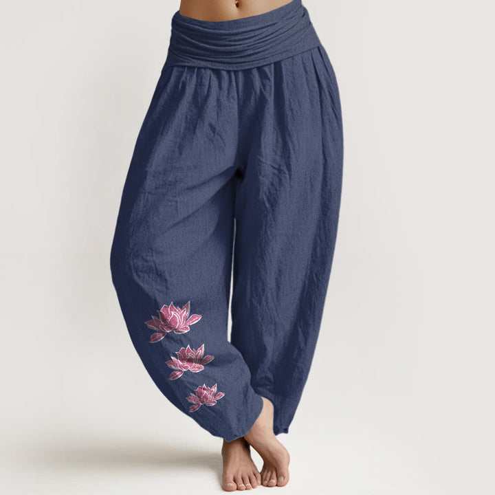 Buddha Stones Pantaloni harem da donna in puro cotone con elastico in vita e motivo a loto casual - Blu ardesia scuro - US16, UK/AU20, EU48 (3XL) - image 14