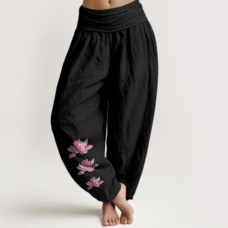 Buddha Stones Pantaloni harem da donna in puro cotone con elastico in vita e motivo a loto casual - Nero - US16, UK/AU20, EU48 (3XL) - image 11