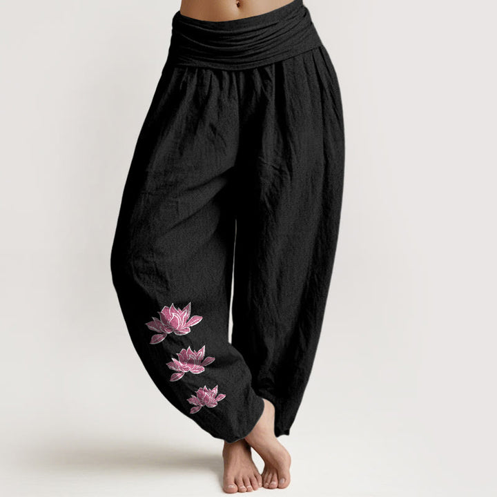 Buddha Stones Pantaloni harem da donna in puro cotone con elastico in vita e motivo a loto casual - Nero - US16, UK/AU20, EU48 (3XL) - image 11