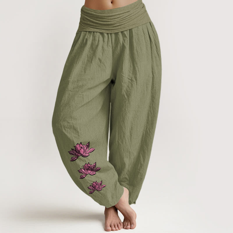 Buddha Stones Pantaloni harem da donna in puro cotone con elastico in vita e motivo a loto casual - Verde oliva - US16, UK/AU20, EU48 (3XL) - image 8