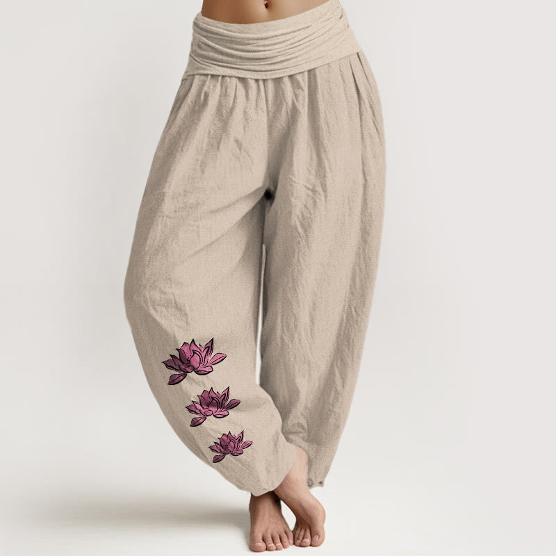 Buddha Stones Pantaloni harem da donna in puro cotone con elastico in vita e motivo a loto casual - Tan - US16, UK/AU20, EU48 (3XL) - image 5