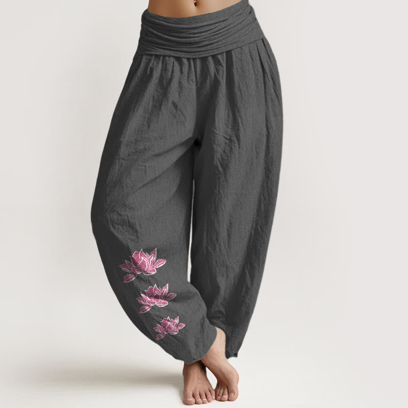 Buddha Stones Pantaloni harem da donna in puro cotone con elastico in vita e motivo a loto casual - Grigio scuro - US16, UK/AU20, EU48 (3XL) - image 0