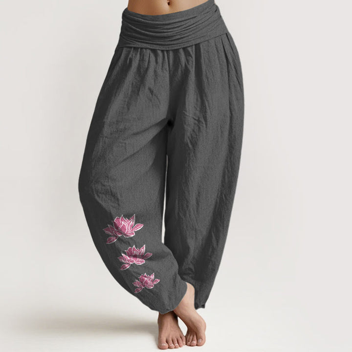 Buddha Stones Pantaloni harem da donna in puro cotone con elastico in vita e motivo a loto casual - Grigio scuro - US16, UK/AU20, EU48 (3XL) - image 0