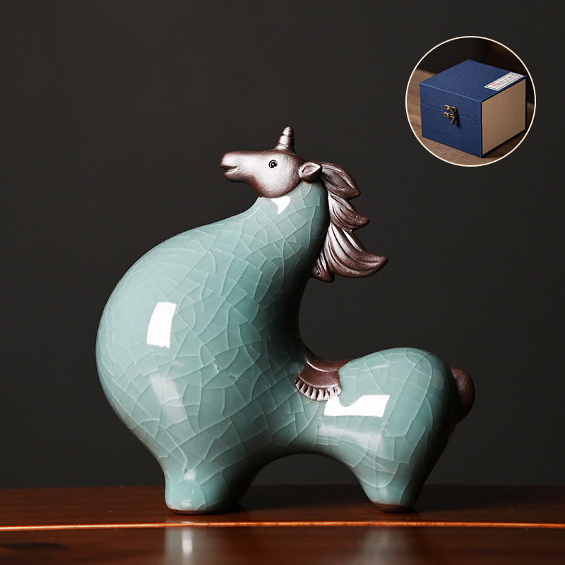 Buddha Stones Anno del Cavallo Ceramica Libertà Decorazione da tavolo per la casa - Cavallo che guarda in alto blu 10,5*5,5*10,5 cm - image 13