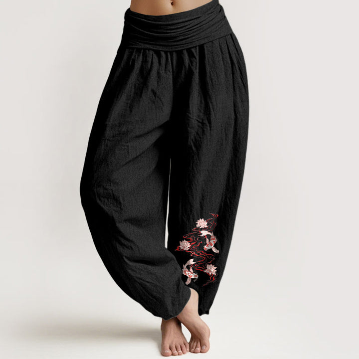 Buddha Stones Pantaloni harem da donna in puro cotone con motivo a fiori di loto e carpe koi - Nero - US16, UK/AU20, EU48 (3XL) - image 0