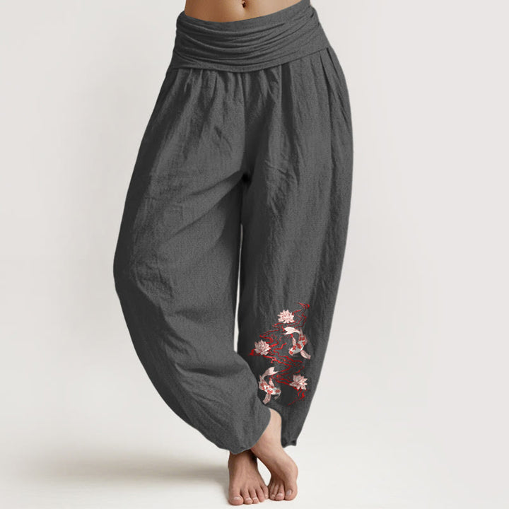 Buddha Stones Pantaloni harem da donna in puro cotone con motivo a fiori di loto e carpe koi - Grigio scuro - US16, UK/AU20, EU48 (3XL) - image 8