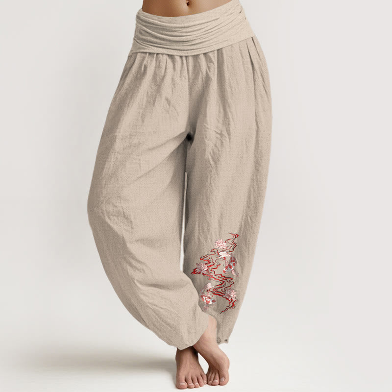 Buddha Stones Pantaloni harem da donna in puro cotone con motivo a fiori di loto e carpe koi - Abbronzatura - US16, UK/AU20, EU48 (3XL) - image 11