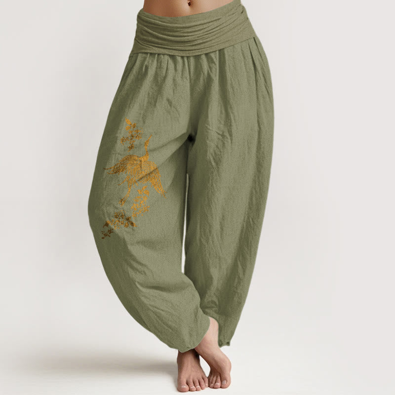 Buddha Stones Pantaloni harem in cotone con elastico in vita e motivo floreale a foglie di gru da donna - Verde oliva - US16, UK/AU20, EU48 (3XL) - image 14