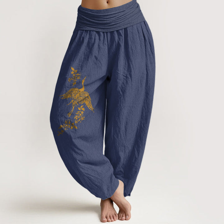 Buddha Stones Pantaloni harem in cotone con elastico in vita e motivo floreale a foglie di gru da donna - DarkSlateBlue - US16, UK/AU20, EU48 (3XL) - image 5