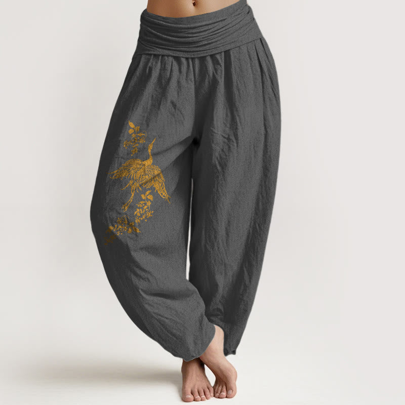 Buddha Stones Pantaloni harem in cotone con elastico in vita e motivo floreale a foglie di gru da donna - Grigio scuro - US16, UK/AU20, EU48 (3XL) - image 8