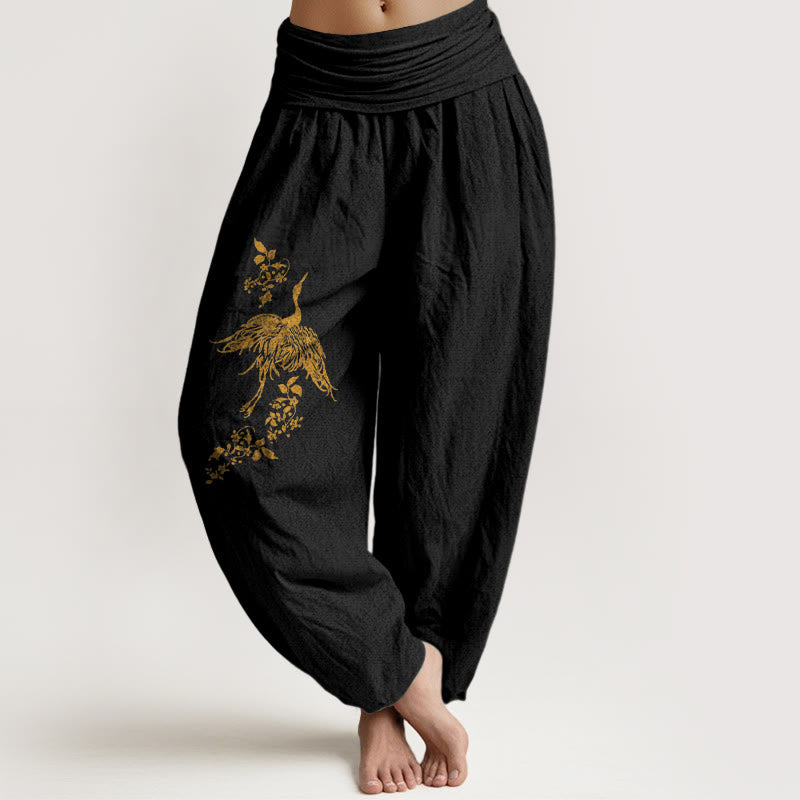Buddha Stones Pantaloni harem in cotone con elastico in vita e motivo floreale a foglie di gru da donna - Nero - US16, UK/AU20, EU48 (3XL) - image 0