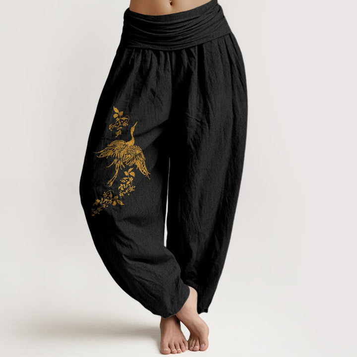 Buddha Stones Pantaloni harem in cotone con elastico in vita e motivo floreale a foglie di gru da donna - Nero - US16, UK/AU20, EU48 (3XL) - image 0