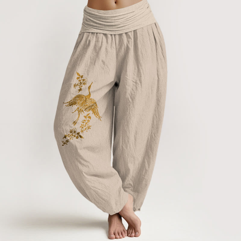 Buddha Stones Pantaloni harem in cotone con elastico in vita e motivo floreale a foglie di gru da donna - Abbronzatura - US16, UK/AU20, EU48 (3XL) - image 11