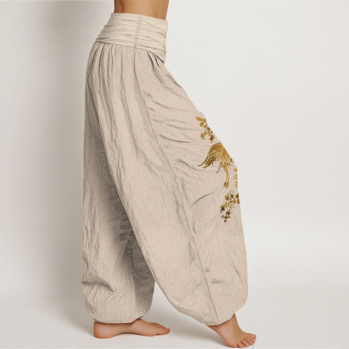 Buddha Stones Pantaloni harem in cotone con elastico in vita e motivo floreale a foglie di gru da donna - image 13