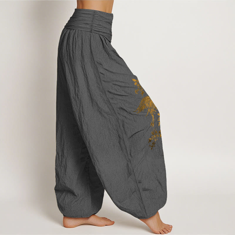 Buddha Stones Pantaloni harem in cotone con elastico in vita e motivo floreale a foglie di gru da donna - image 10
